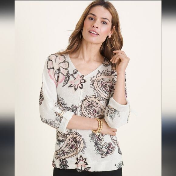 Chico's Printed Sleeve Detail V-Neck Sweater Size Large Coastal Grandma Stretch - Picture 1 of 6